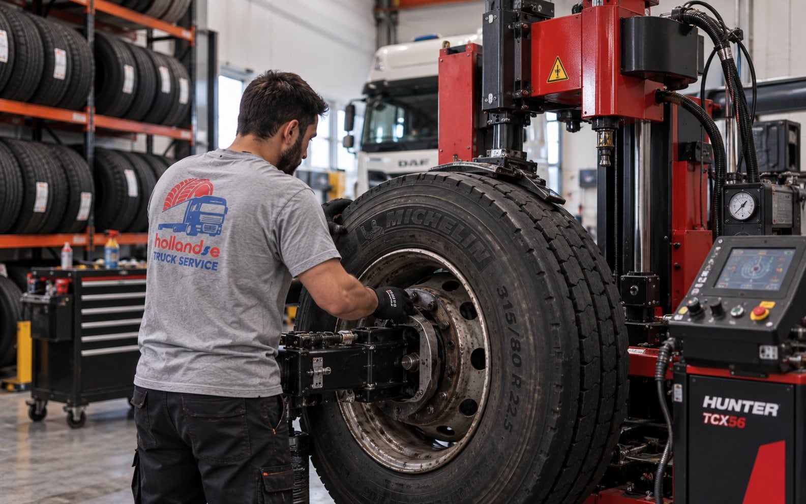 Technician working on a truck tyre at the tyre machine