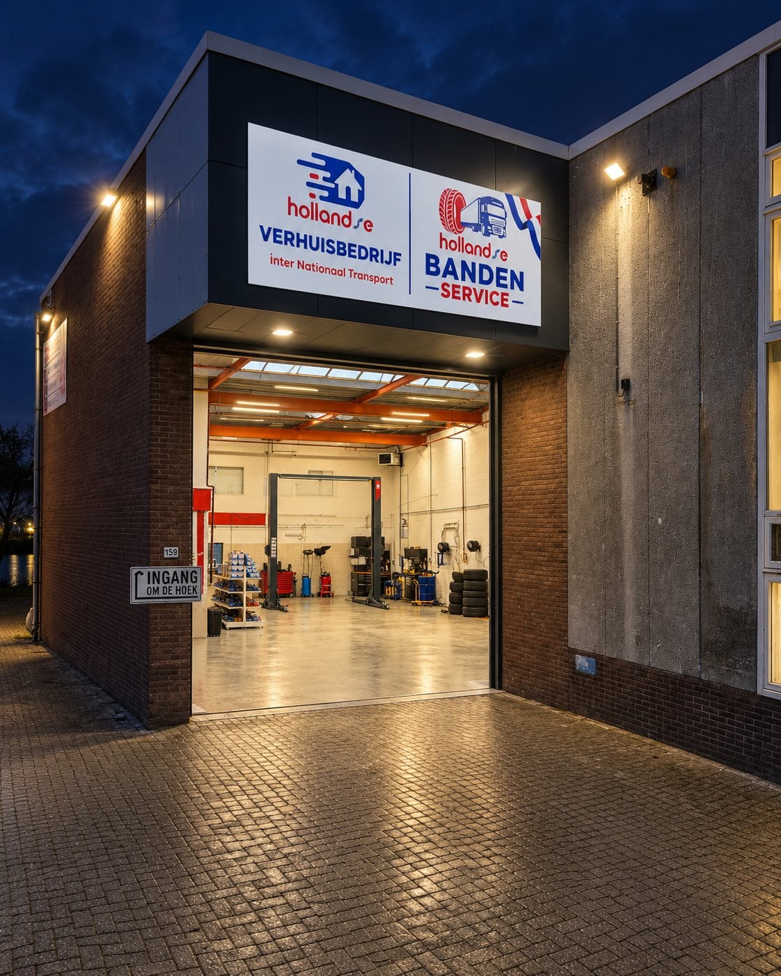 Illuminated workshop in Halfweg at night