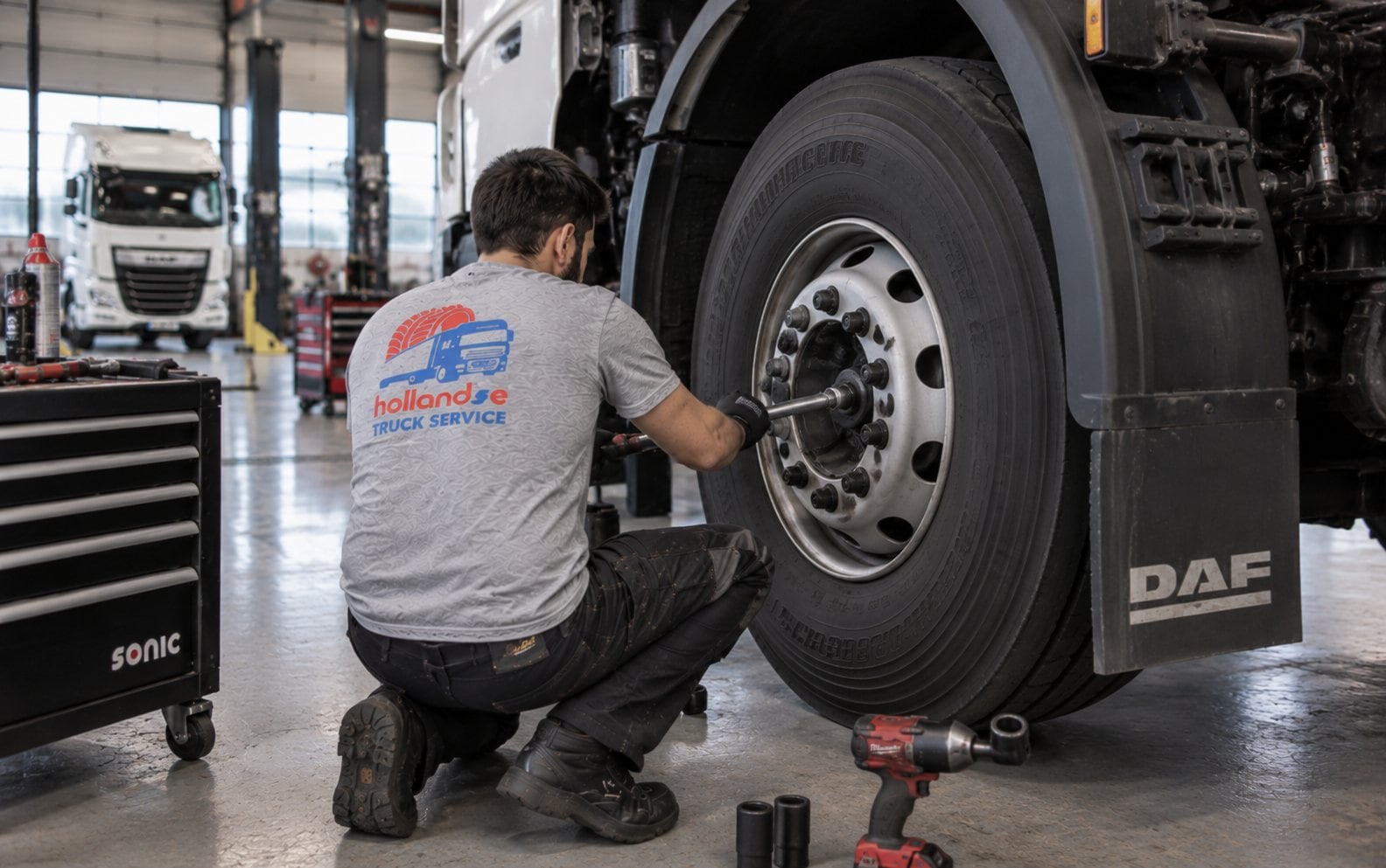 Technician working on the wheel of a DAF truck